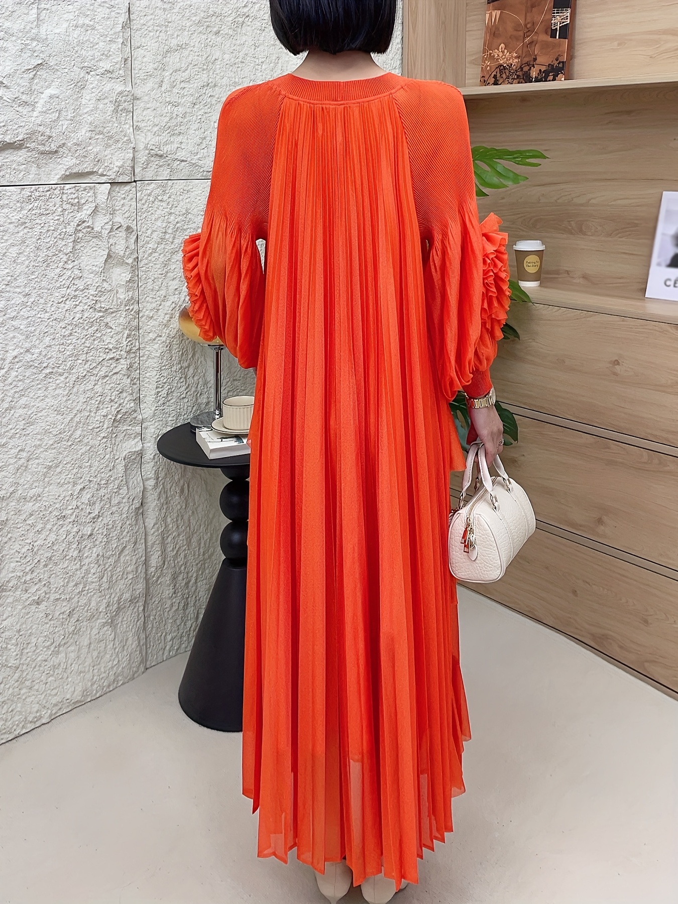 womens elegant solid color lantern sleeve maxi dress pleated - Temu Pakistan