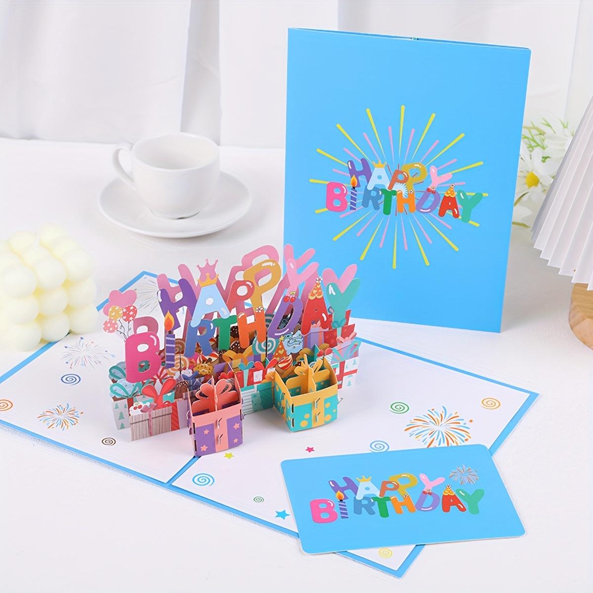 

1pc Blue Happy Birthday Pop-up Card, Suitable For Family Birthday Cards, Father, Mother's Birthday Cards, Birthday Cards For Brother, Sister, Suitable For Family, Friends, As A Gift, Congratulations