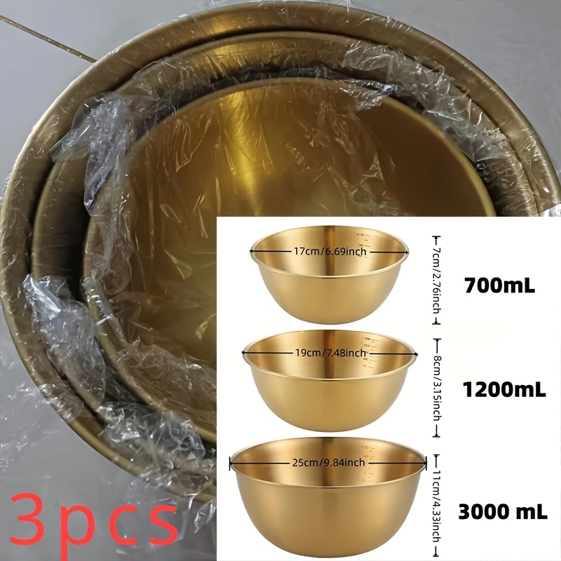 TEMU 3pcs, Golden Stainless Steel Mixing Bowl Set With Graduations - Durable Kitchen Essential For Mixing And Ingredient Prep, Easy To Clean,