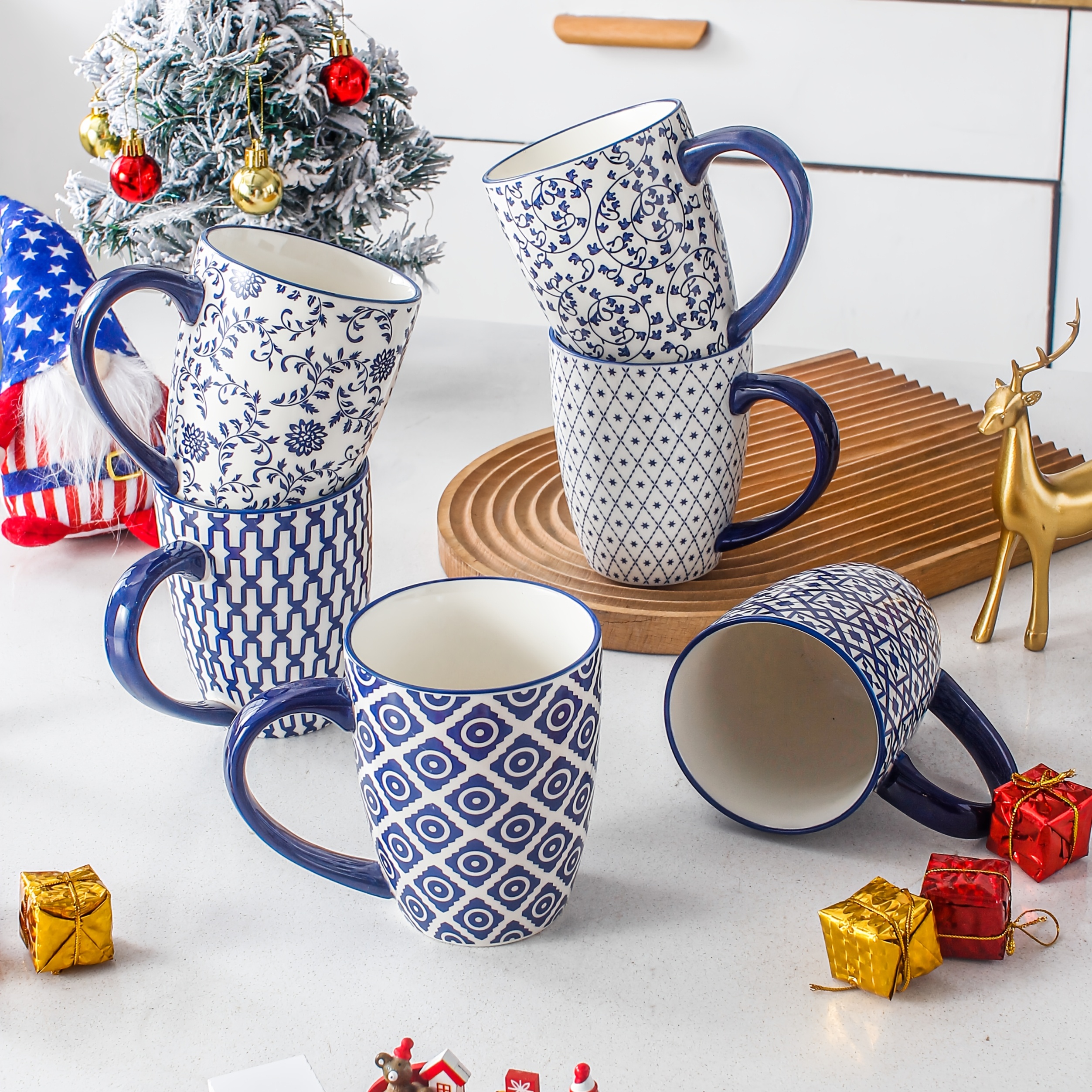 TEMU Wedding Moving New Year Gift, Ceramic Coffee Mug Set, 16 Oz Large Ceramic Tea Mug With Handle, , Latte, Cappuccino, Christmas, Couple's Gift, Microwave Dishwasher Safe, 6 Piece Set, Vintage Blue