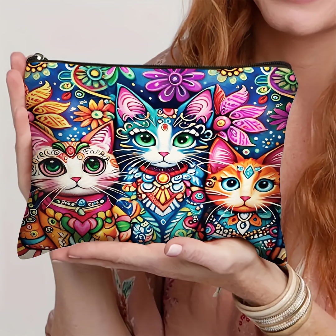TEMU 1pc, A Vibrant Bohemian Style Cat Makeup Bag, The Perfect Makeup Bag, Cosmetics Storage Bag, Portable Toiletry Storage Bag, Beauty And Skincare