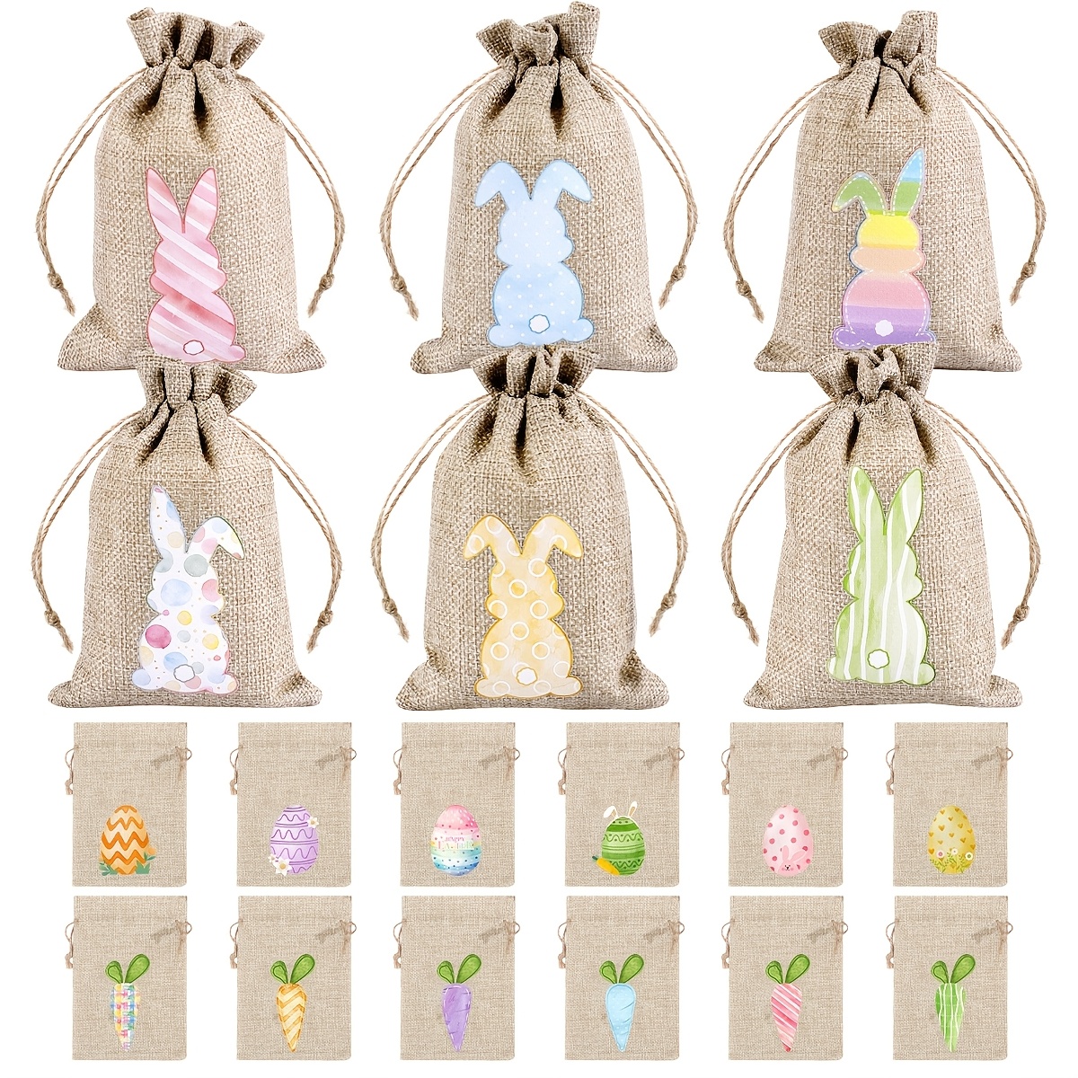 

6pcs Easter Burlap Candy Bags With Bunny, , And Eggs Pattern - Jute Linen Treat Gift Bags For Egg Hunt, Party Supplies, Cookie And Snack Packaging, Cookies Snack Packaging Bags