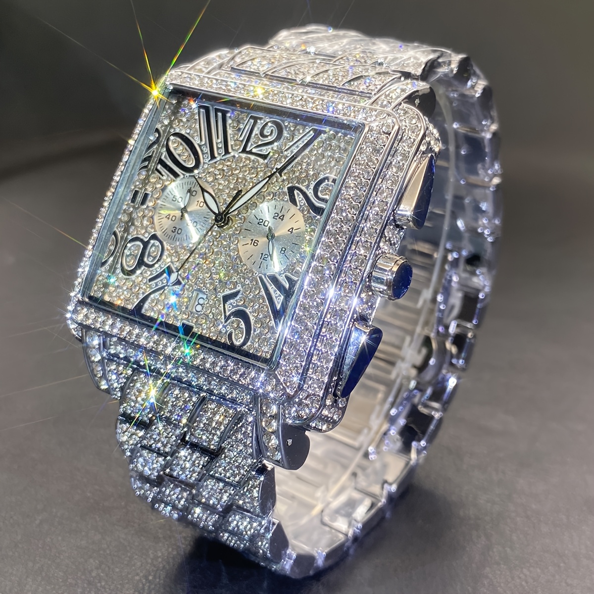 MISSFOX Men'S Luxury Hip-Hop Watch - Golden-Tone Quartz Movement with Date/Calendar, Square Dial & Roman Numeral Display, Sparkling Rhinestone Bezel, Battery-powered Formal/casual Wristwatch For Everyday & Special Events - Ideal Gift For Dad - Image 5