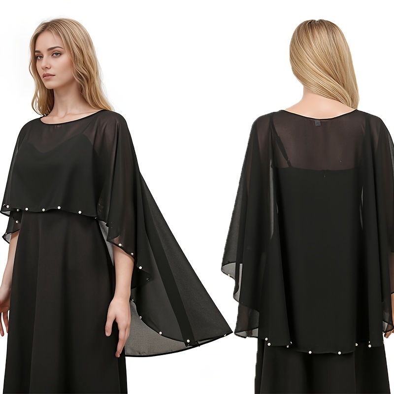 

Châle en mousseline de soie noire élégante pour femmes - 100% polyester, couleur unie, respirant et coupe-vent, cape non extensible à la mode pour sortir - 1 pièce