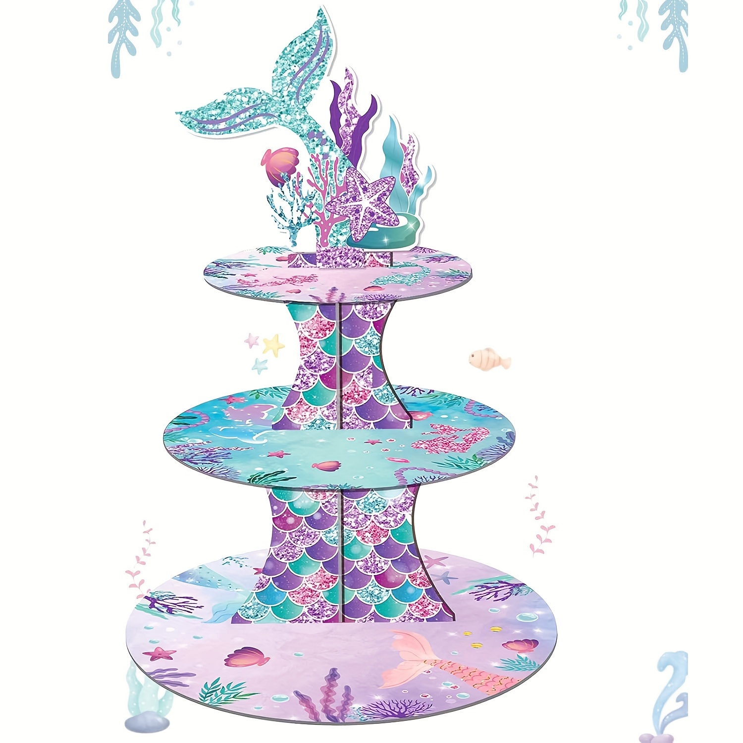 E-shop 1 Set Meerjungfrau Cupcake Ständer 3 Etagen und Meerjungfrau Cupcake Topper Set, Meerjungfrau Geburtstagszubehör Turm Halter Runder