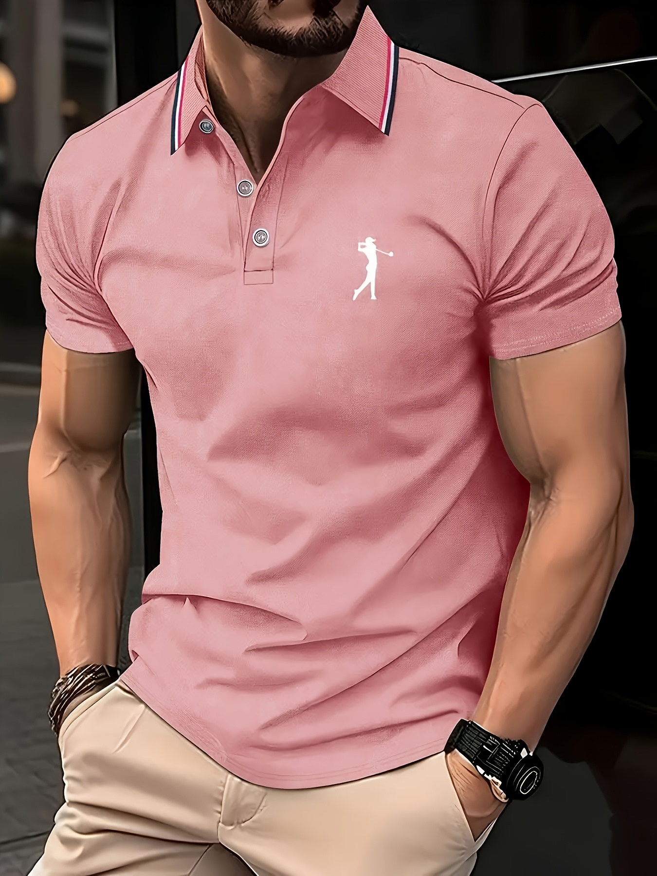 Men's Short Sleeve Shirt - White with Red Golf Print, Striped Collar & Cuffs, Breathable Summer Golf & Casual Wear, Machine Washable Regular Fit, Durable Fabric