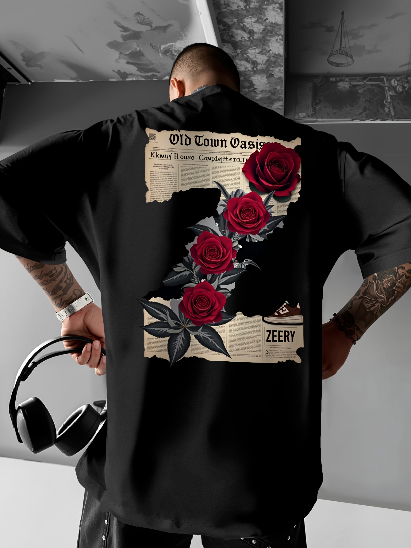 mens vintage newspaper back floral print t shirt red rose - Temu Oman
