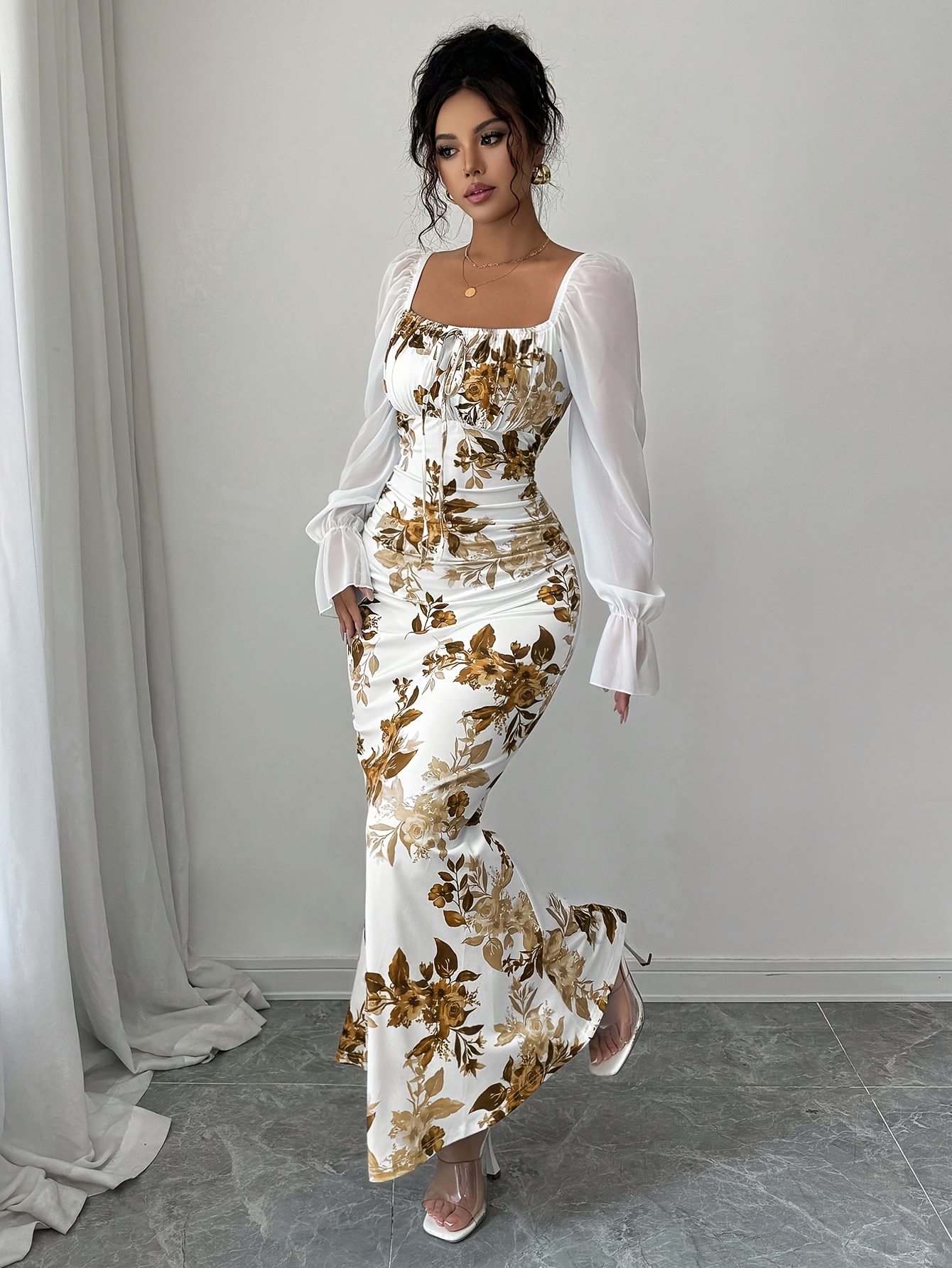 elegant floral print long sleeve bubble sleeve notch neck - Temu Mexico
