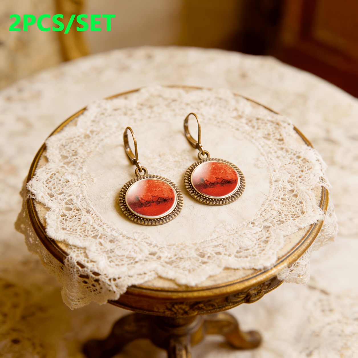 2pcs Classic Pendant Earrings Set, Orange-Red Pattern
