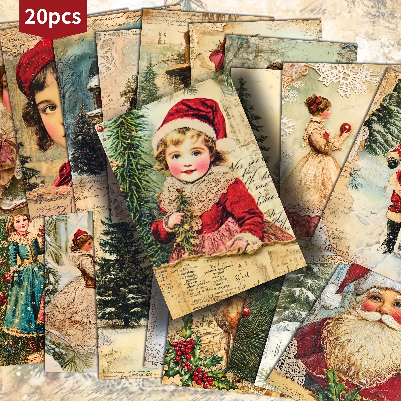 TEMU Set Of 20 Vintage Lace Postcards For Winter And Christmas Decoration - Measuring 4x6 Inches, Featuring Retro Junk Journal Paper, Classic Pinup