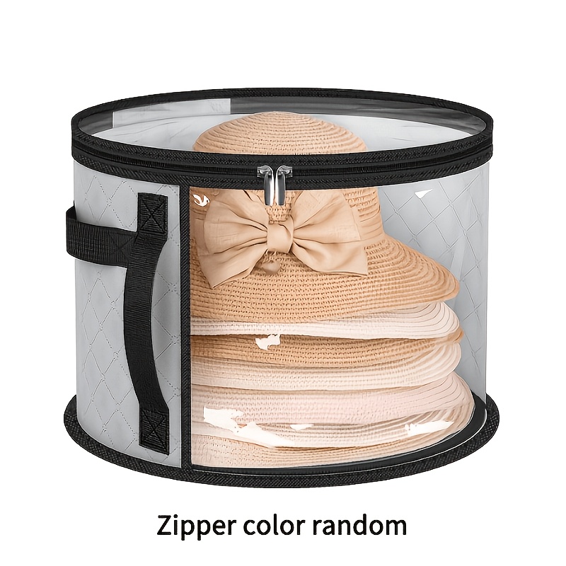 TEMU Extra Large Hat Storage Box - Lightweight Transparent Window With Double Zipper Design, Foldable Non-woven Accessory Storage Bin With Reinforced