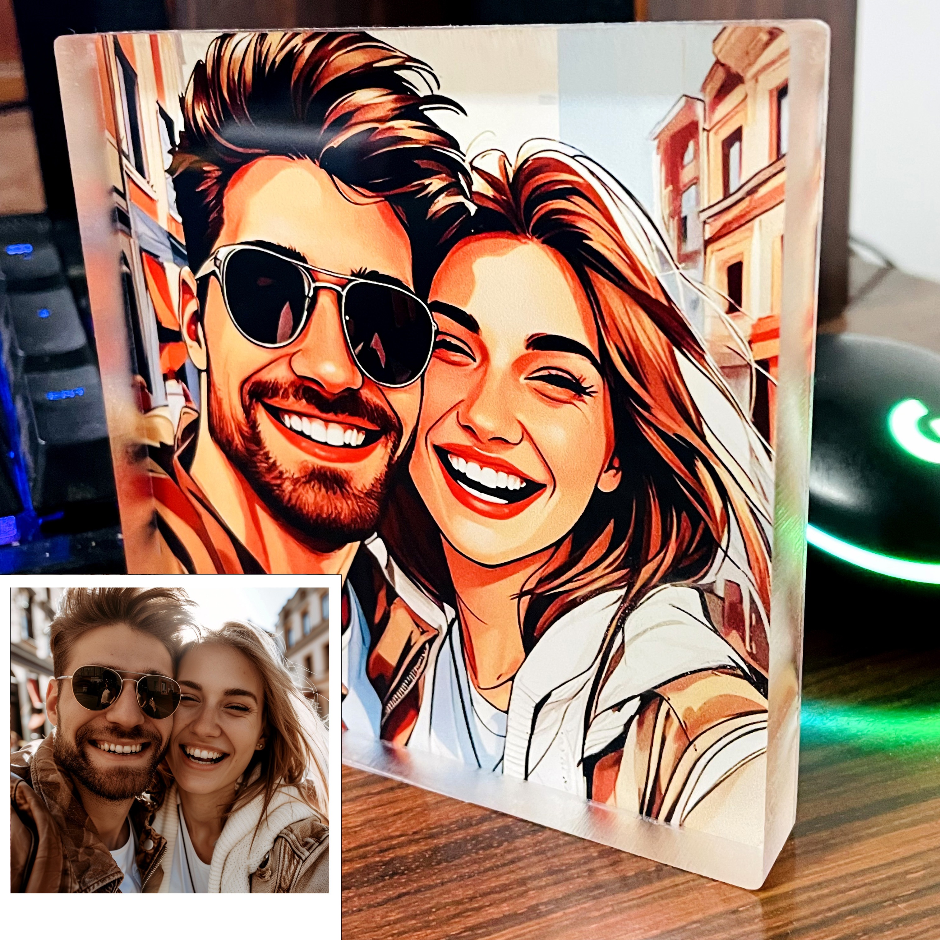 TEMU [2d Flat] [2d Flat] 1pc Custom Christmas Gift Acrylic Desktop Ornament, Portrait In Watercolor Style, Couple Or Family Photo | , My Painting | ,