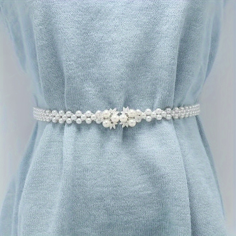 

1pc French Imitation Pearl Chain Belt White Elastic Waist Chain Casual Dress Waist Accessories Jewelry