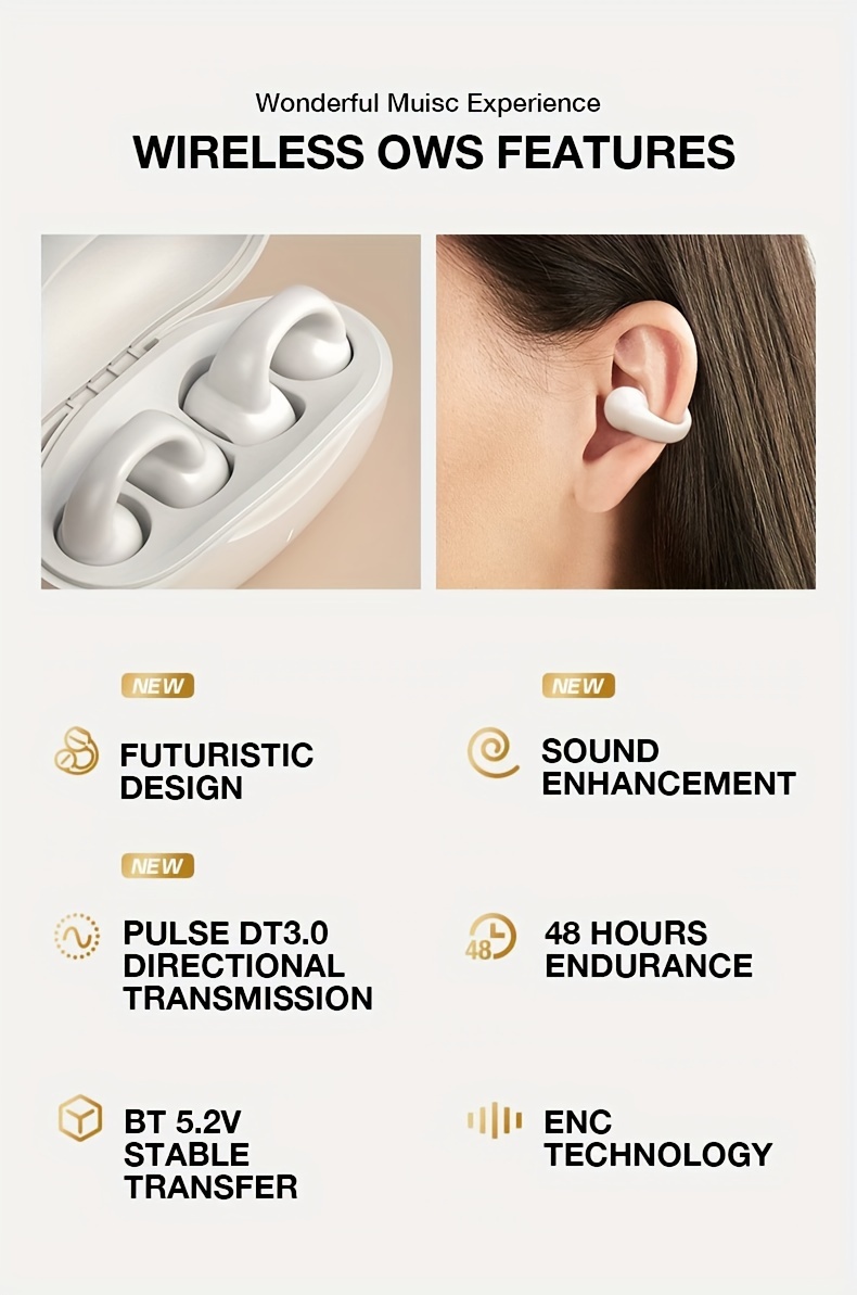 GENAI J01 Wireless Earbuds, Open Ear Clip Headphones, Touch Control Volume, Noise Cancelling Voice Call, Sports Exercise Earphones, Condenser Microphone, Type-C USB Charging, Non-Waterproof, for Cellphones, Adult - Rechargeable Lithium Polymer Battery