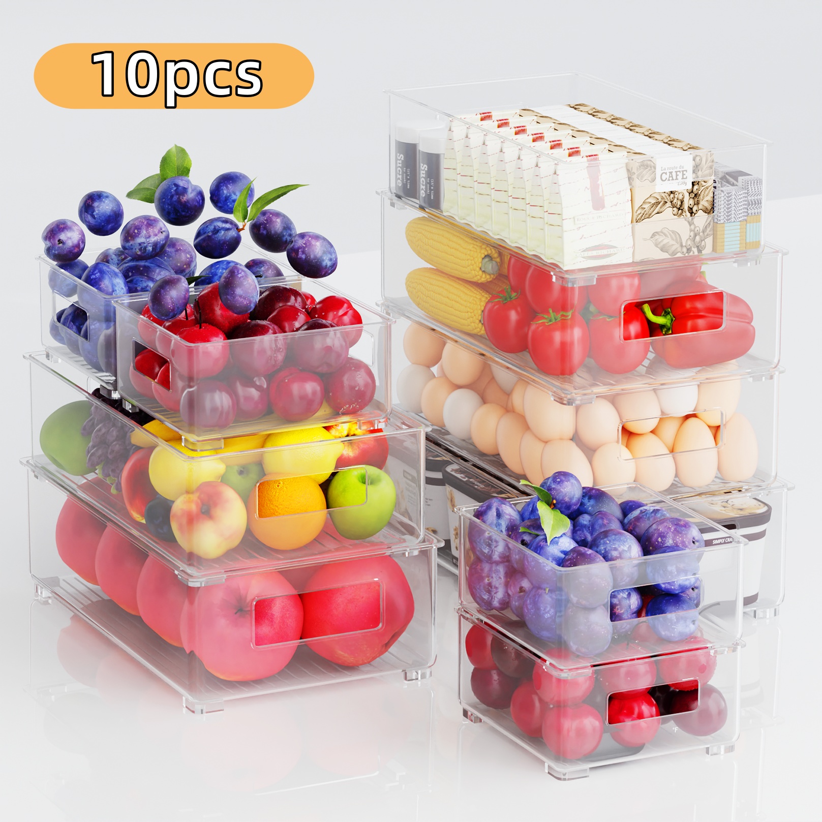 TEMU 10pcs Clear Refrigerator Storage Bins, 4 Sizes With Handles, Stackable Refrigerator Organizers, Organizer Bins For Refrigerator, Kitchen,