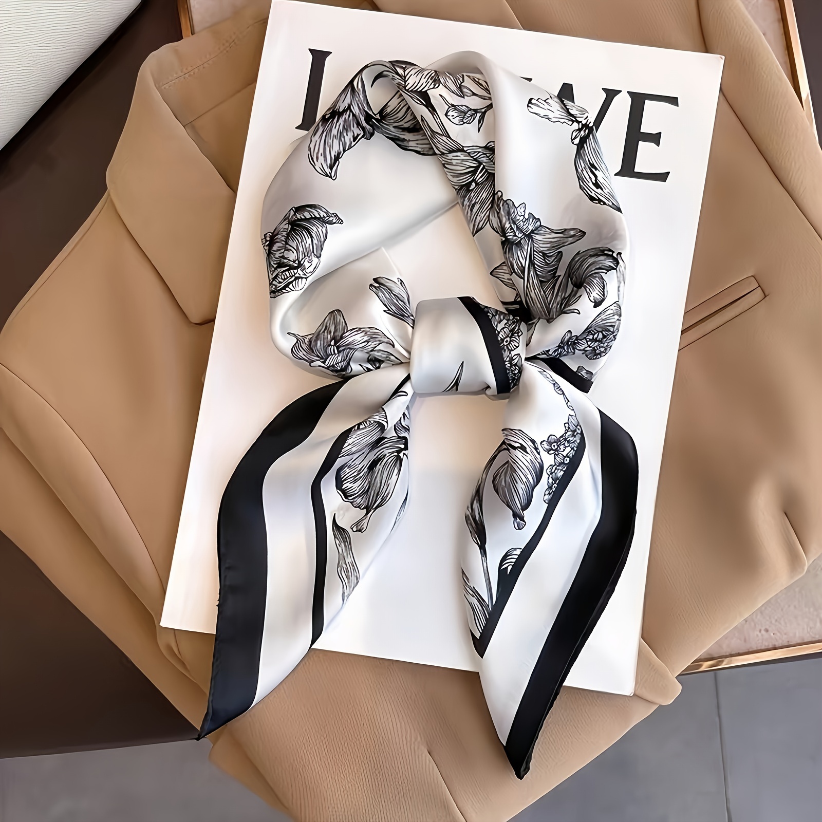 

27-inch White Floral Print Scarf - Elegant Black And , Smooth Anti-pilling Fabric, Lightweight For Sun Protection & Wind Resistance, Casual And Formal Outfits