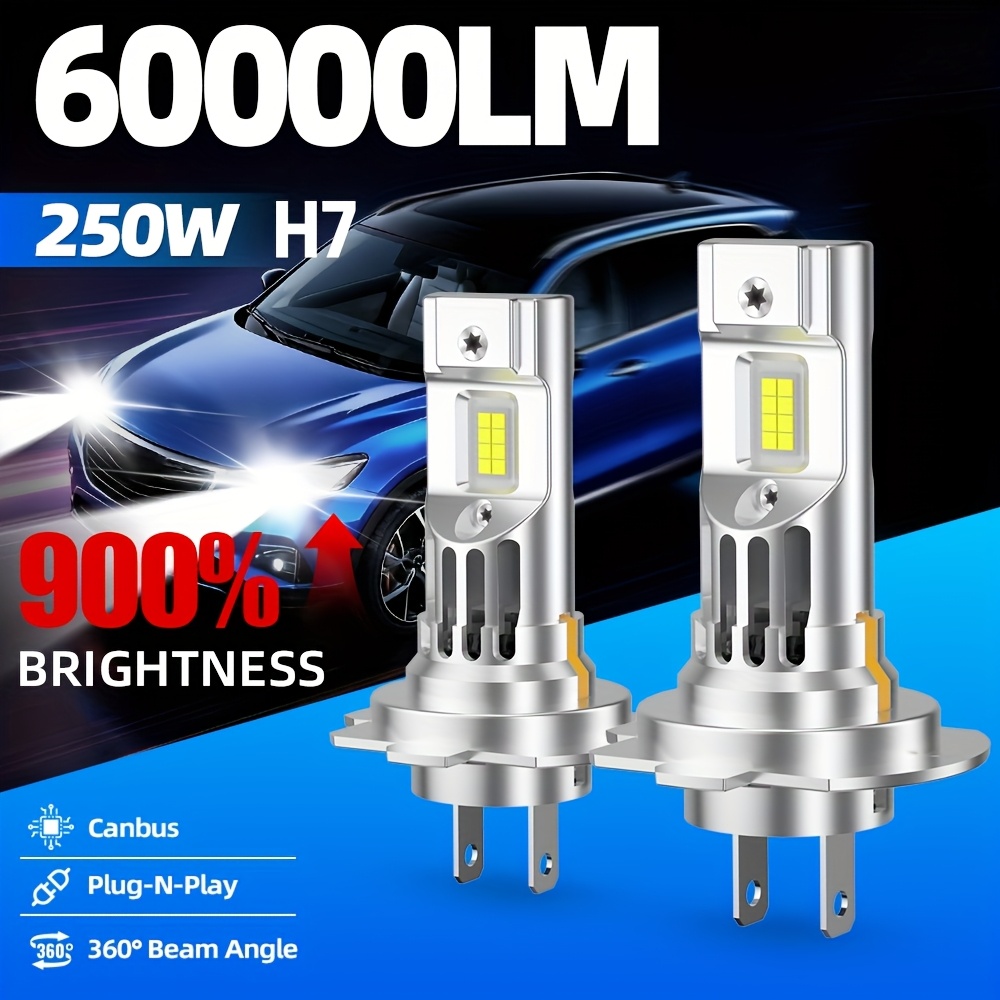 Комплект от 2 броя H4 H7 H11 9005/HB3 9006/HB4 H1 LED автомобилни крушки за дълги светлини, къси светлини или фарове за мъгла, с мощност 250W и яркост 60000LM, оборудвани със супер ярки 3570 CSP чипове, излъчващи 6000K бяла светлина, лесни за инсталиране, без батерия