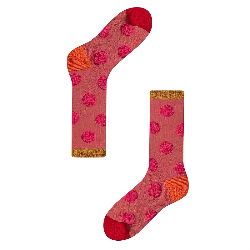 Image of A Pair Of Polka Dot Color-block Women's Mid-calf Autumn/winter Socks, Thick And Warm Floor Socks, Colorful Polka Dot New Year Socks, Essentials, Versatile For Sports And Casual Attire