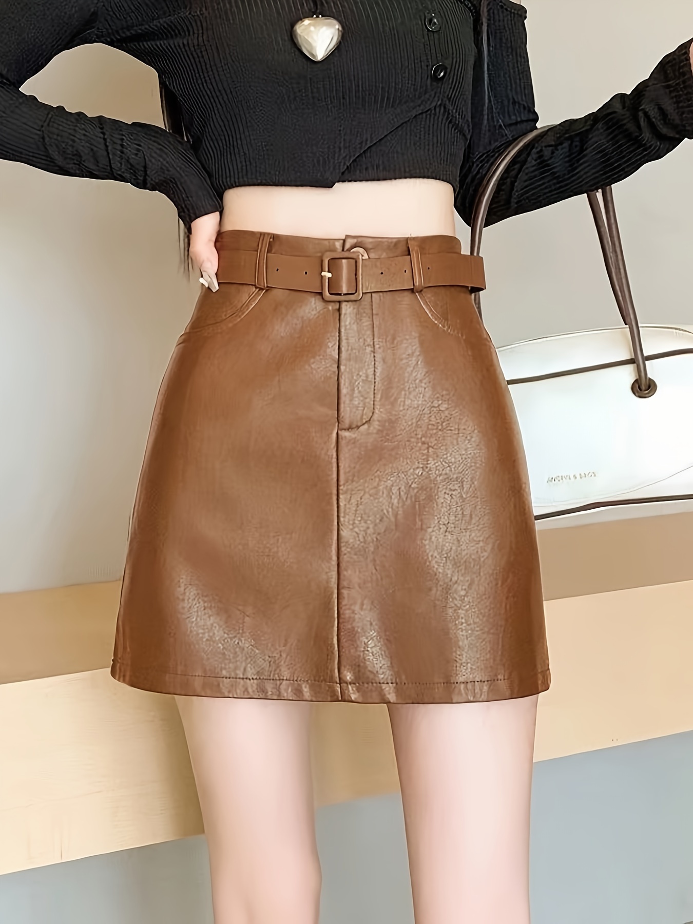 vintage high waist a line leather skirt belt solid Temu
