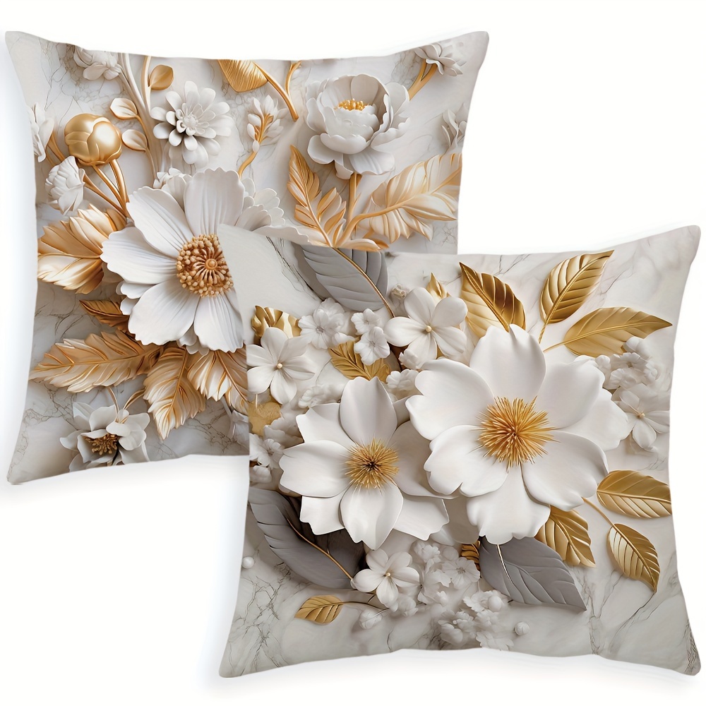 

2pcs Luxury Ivory & Golden Floral Throw Pillow Covers, 18x18 Inch - Soft Plush, Modern Abstract Art Decor For Couch, Sofa, Patio - Zip Closure, Hand Washable