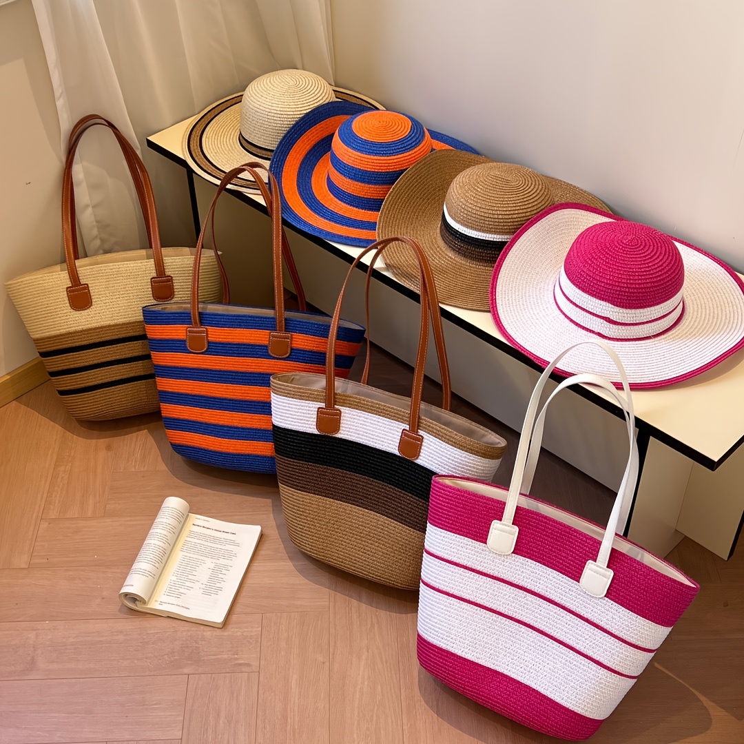 Wide Brim Straw Sun Hat, Woven Tote Bag, 2 Bohemian Scarves Set for Summer Casuallined 5 Pcs Women Straw Beach Hat Set with Straw Beach  main image 3