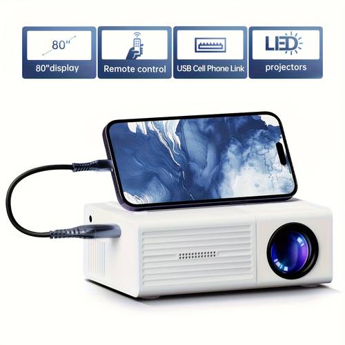 portable projector support 1080p usb connection remote control compatible with smartphones tablets laptops tv sticks and usb drives desktop mount lcd display power supply button control hdtv input 854 480 resolution large screen display modern projector movie projector