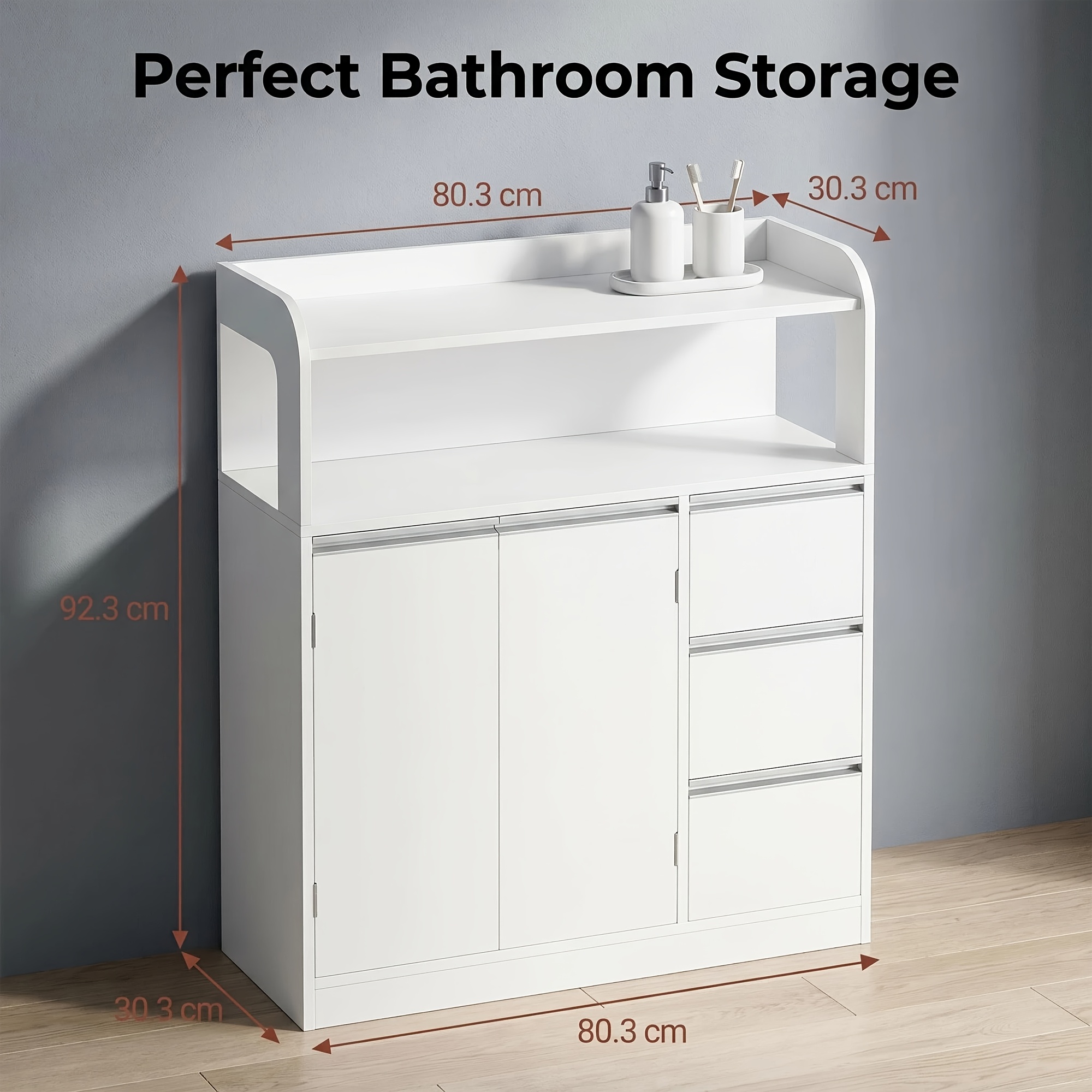 Modern Minimalist Linen Texture White Bathroom Storage Cabinet, 3 Drawers 2 Doors With Top Panel, Adjustable Shelves, Universal Cabinet For Living Room And Bathroom, 80.3×30.3×92.3cm