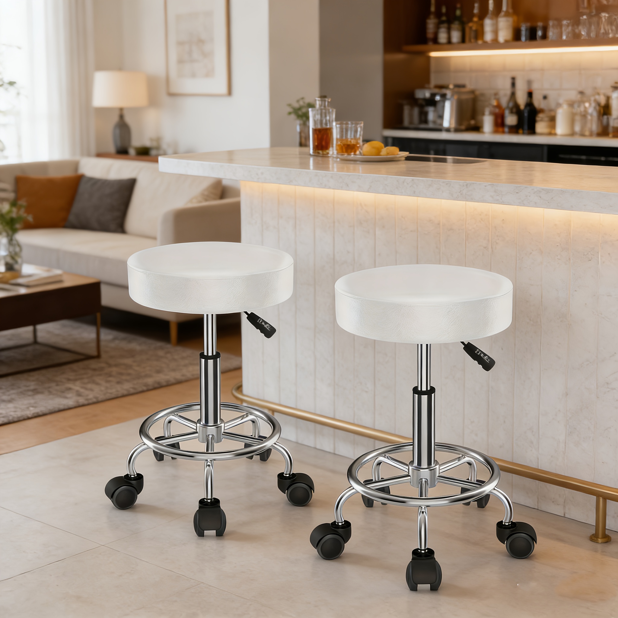 TEMU Two-pack Mobile Soft Stools, Bar Chair, Height Adjustment Of 49-64 Cm, Can Rotate And , 9 Cm Thick Cushion, Sponge, Suitable For Home, Office,