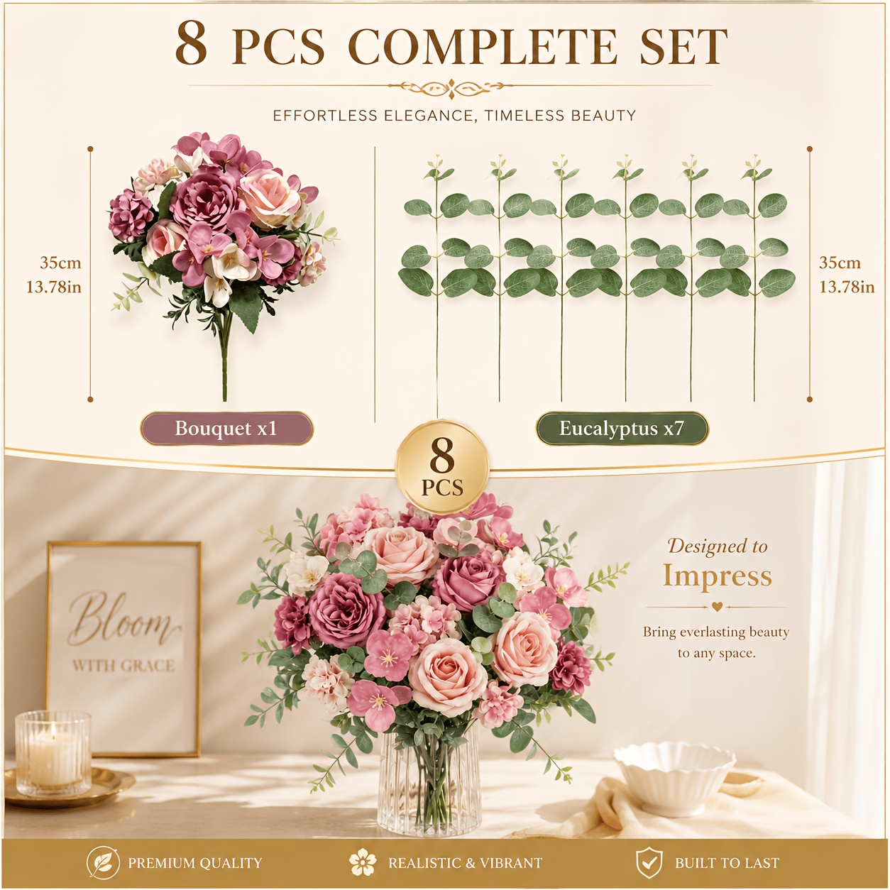 TEMU Realistic Artificial Mixed Floral Arrangement, Elegant Table Centerpiece, Pink Rose Peony Hydrangea Fake Flower Bouquet, Maintenance-free