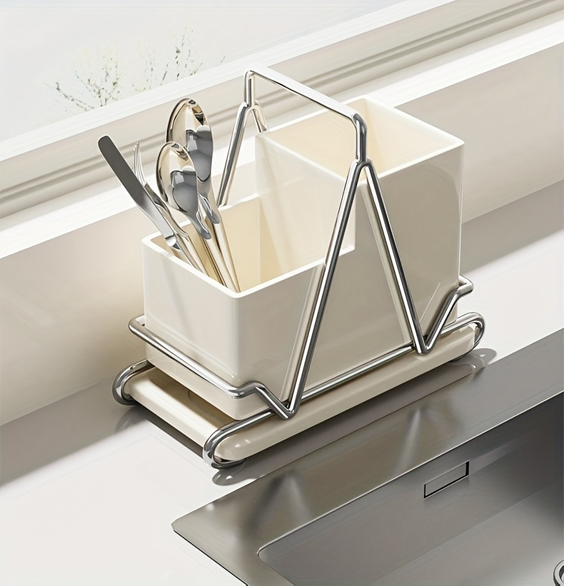 1pc cream white stainless steel utensil holder with   multifunctional kitchen countertop organizer for cooking utensils knives spoons and forks dining room accessory triangular design metal utensil holder kitchen utensils Product details 1