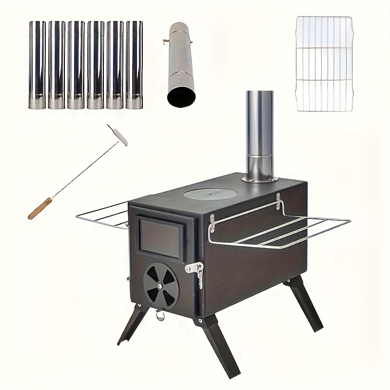 TEMU Portable Wood Burning Camping Stove With Chimney Pipe, Outdoor Tent Heater & Cookingtool For Hiking, Picnic, Backpacking, Bbq