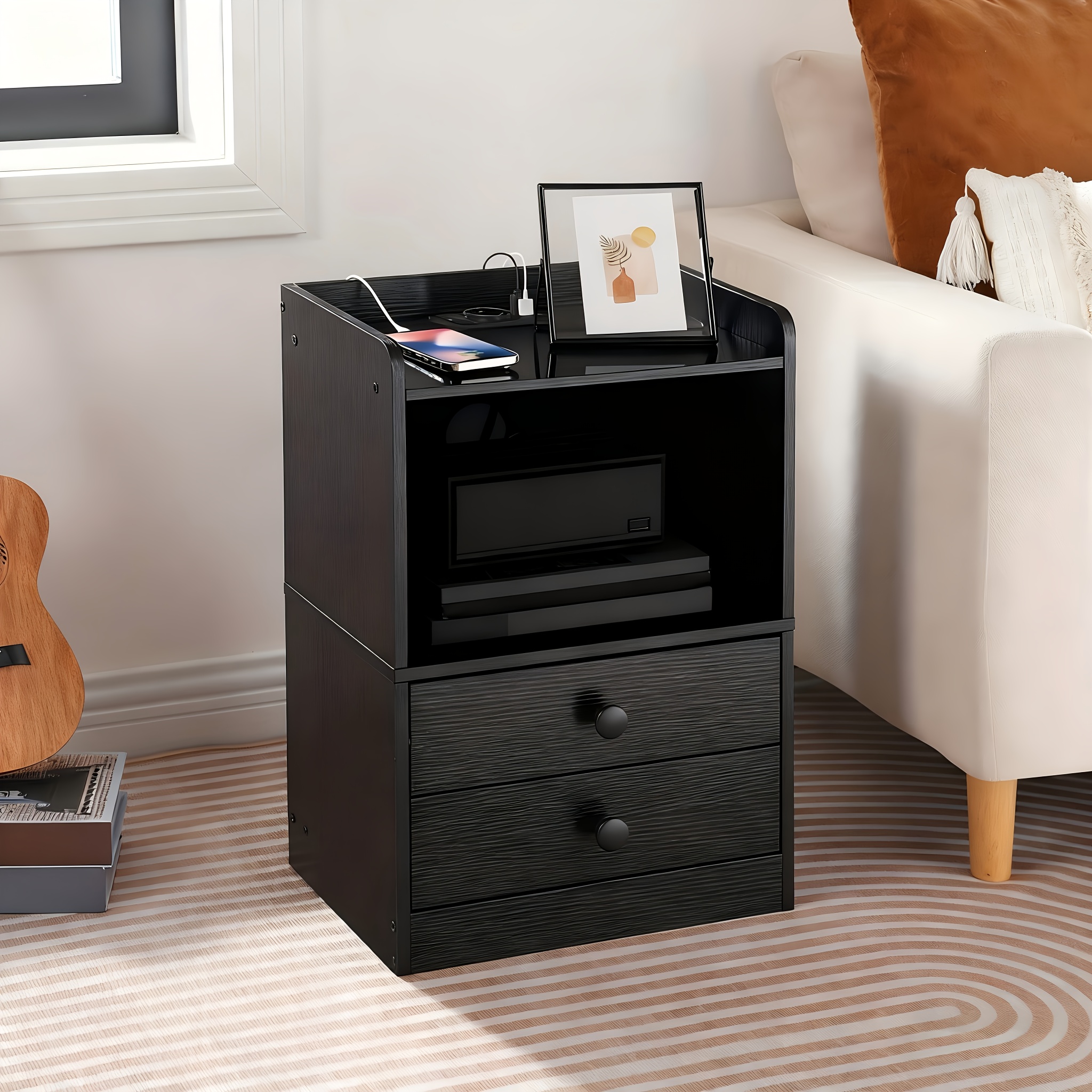 A Side Table With 2 Drawers, A Modern Black Nightstand With A Charging Station, Suitable For The Bedroom, Living Room, Or Study, In Black And White