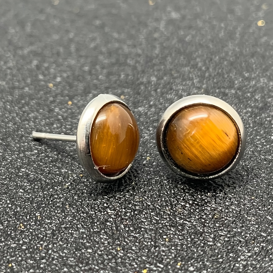 TEMU 1 Pair Of Elegant Women's 8mm Natural Stone Stainless Steel Earrings, In Multiple Colors, Temperament All-match Earrings, Suitable For , Holiday