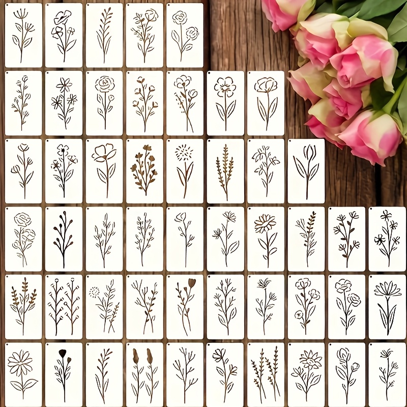 Image of 50pcs Set Of And Plant Flower Templates - Durable White Plastic, Diy Crafts, Wooden Paintings, Card Making | Including A Of Flower Designs Suitable For Furniture
