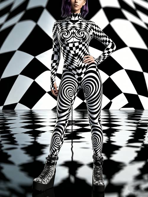 photo de l'article combinaison pour femme à carreaux spirale avec illusion doptique, pour festival burning for man, festival de musique, pâques, carnaval, convention de bd dété, fête à thème, costume de fête, fête surprise, jeu de rôle, pour halloween, fête phosphorescente, tenue de fête
