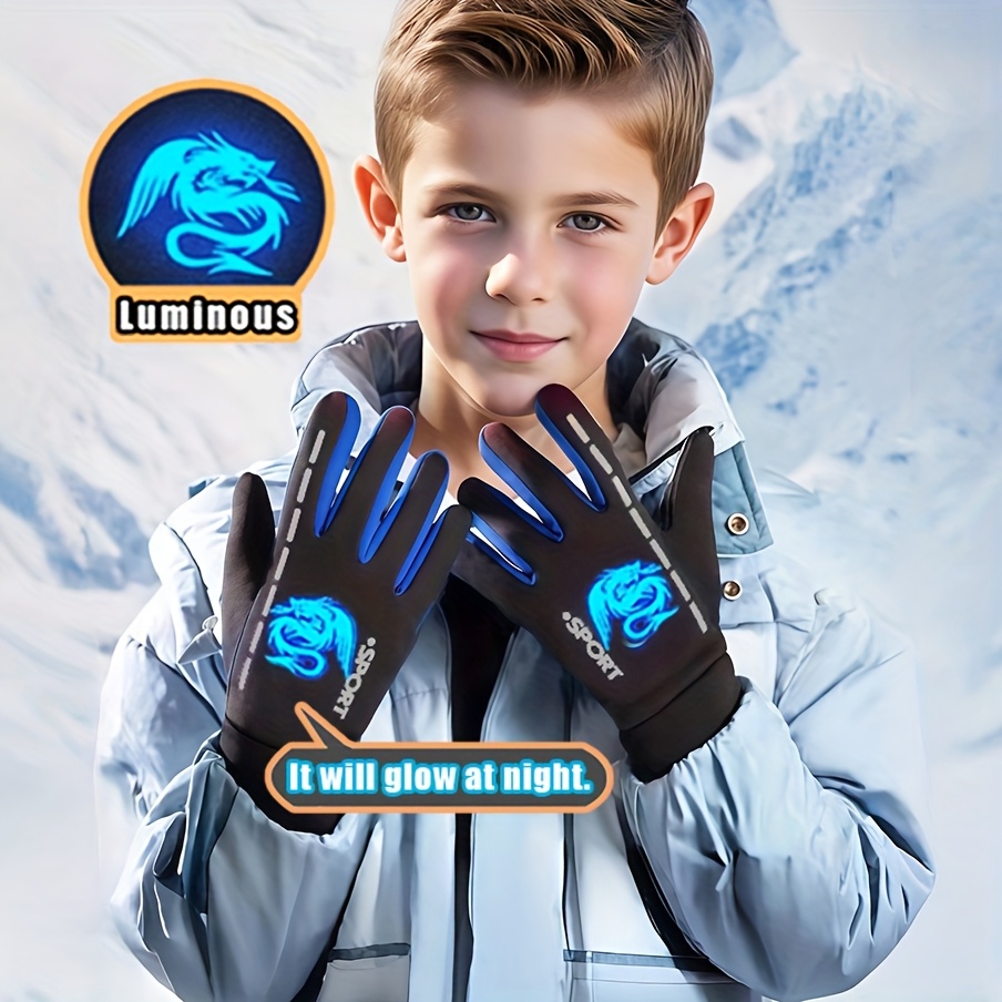 A Pair of Gloves Designed for Autumn And Winter, Featuring Separate Fingers for Skiing. These Glow-In-The-Dark Gloves Are Suitable for Both Boys And Girls, with Stylish Patterns That Shine at Night And a Plush Interior. Ideal for Everyday Wear And O