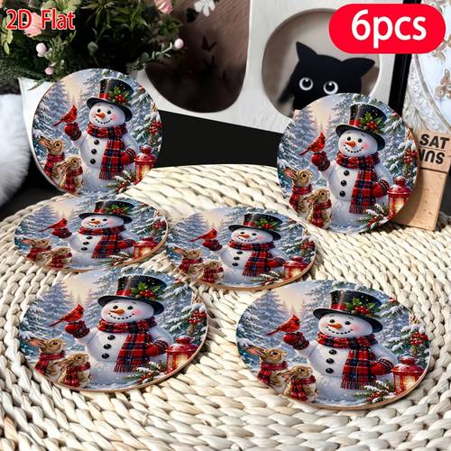 imagen del artículo juego de 6 posavasos y - protectores de mesa de madera para cafeterías, oficinas, decoración - almohadillas de posavasos y de invierno para regalos de navidad, regalos de , decoraciones de madera multiusos, 2d