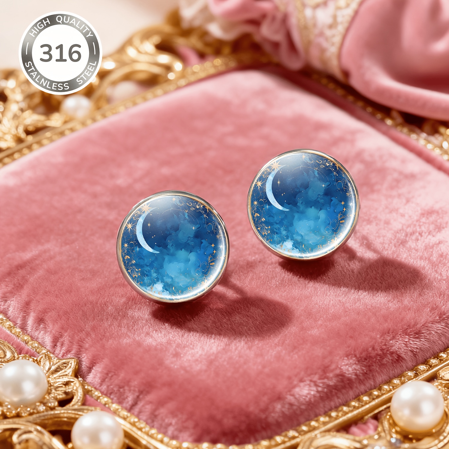 2-Pack Dark Blue Night Sky Round Stud Earrings