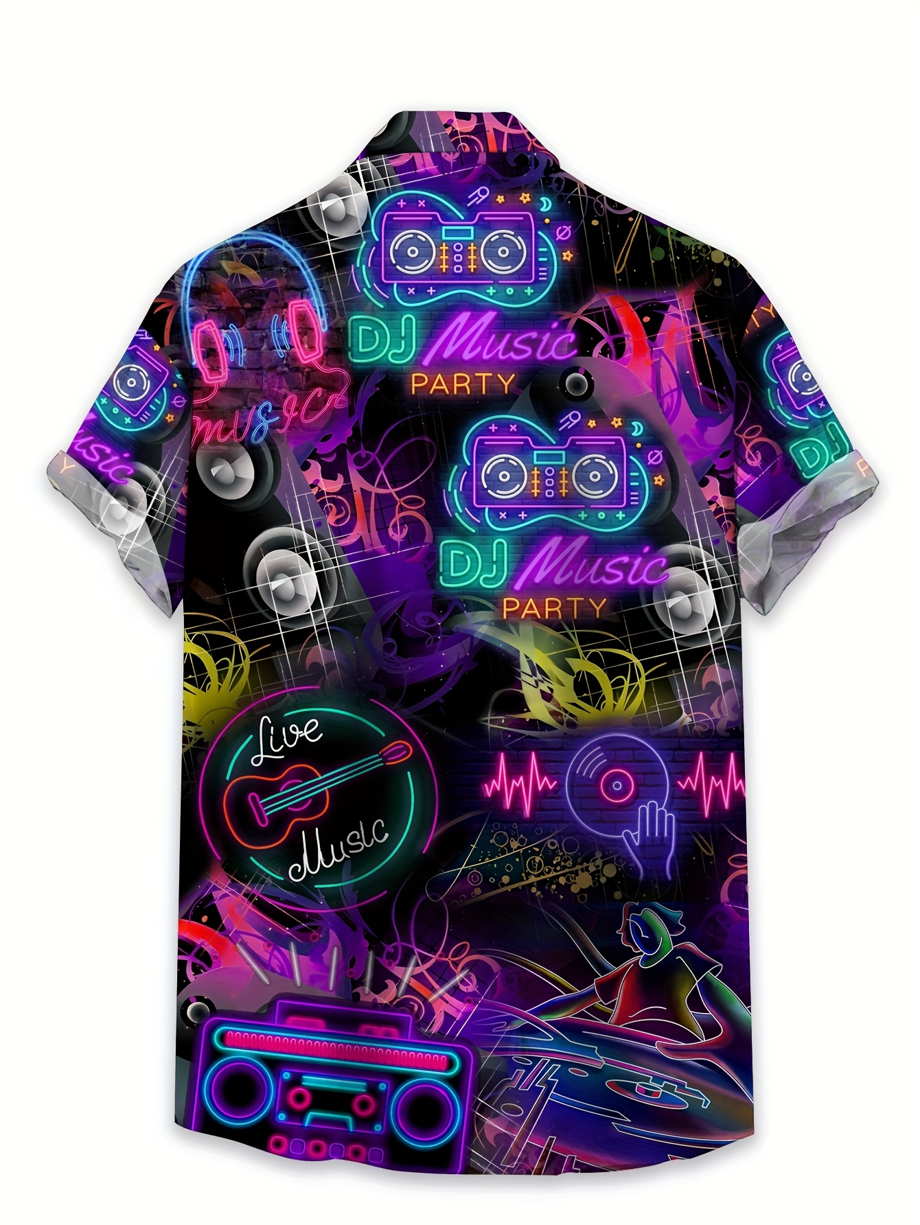 *'S Tropical Party Neon Graphic Hawaiian Shirt - Short Sleeve, DJ Music  Theme with \u0026*;*\u0026*; \u0026 \u0026*;Music Party\u0026*; Design, Vibrant Neon Colors, Casual  Summer Wear, Polyester Fabric, Casual Summer Wear | ..., image size:800x1066