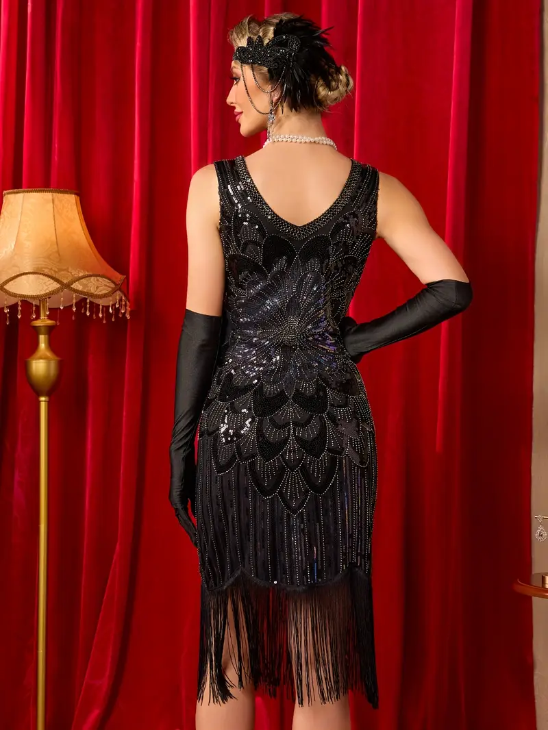 authentic 1920s party dress Shop Dresses - Beading Fringe Flapper Spandex Dresses Length Vintage 1920s Gold Sequined Flapper