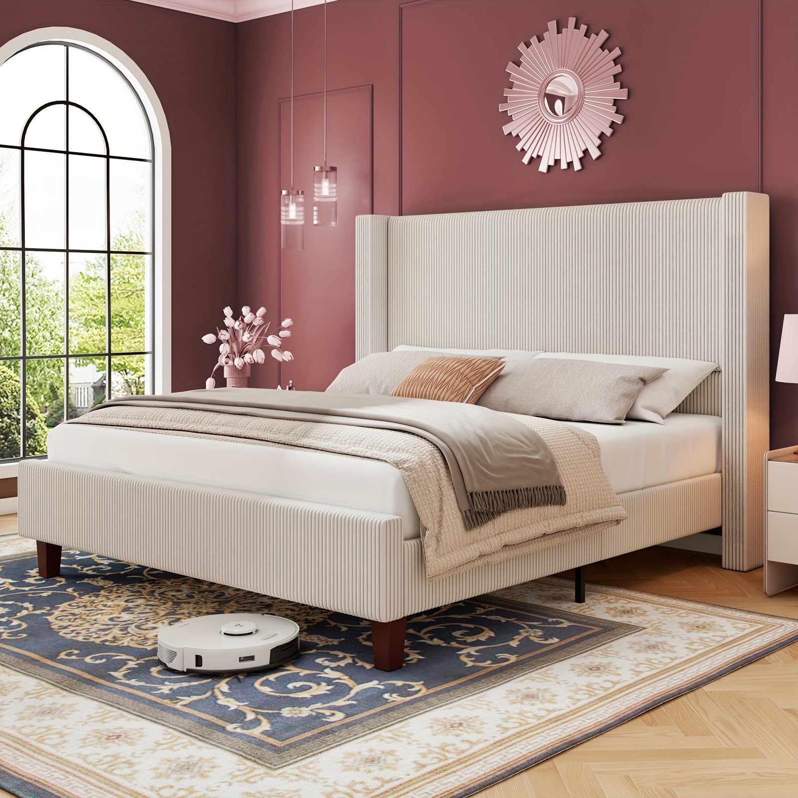 TEMU 50.8" Upholstered Platform Bed Frame, Corduroy Bed Frame Featuring A Wingback Headboard And Sturdy Wooden Legs, Spring Required