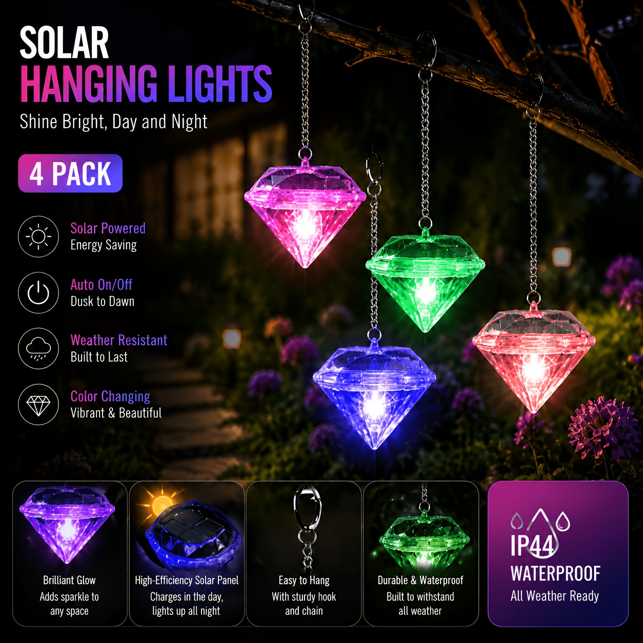 TEMU 4-pack Solar-powered Outdoor Lights, Pendant-style Camping Lights, Dual-use Hanging Decorative Ambient Lights For Halloween, Christmas, And Home
