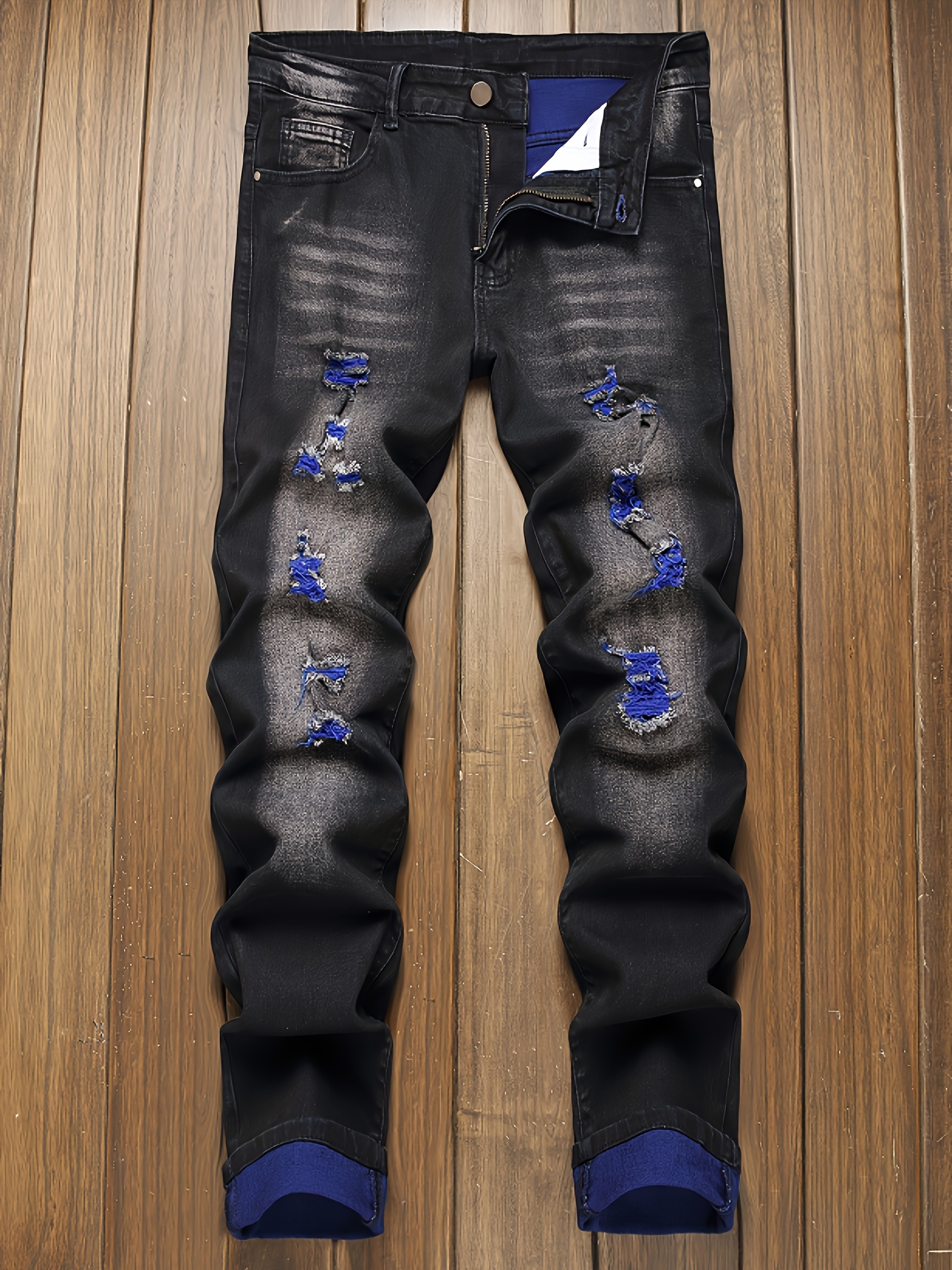 Jeans Negros Ajustados y Elásticos para Hombre con Detalles de Desgarro en  la de Tiro Medio y Cremallera