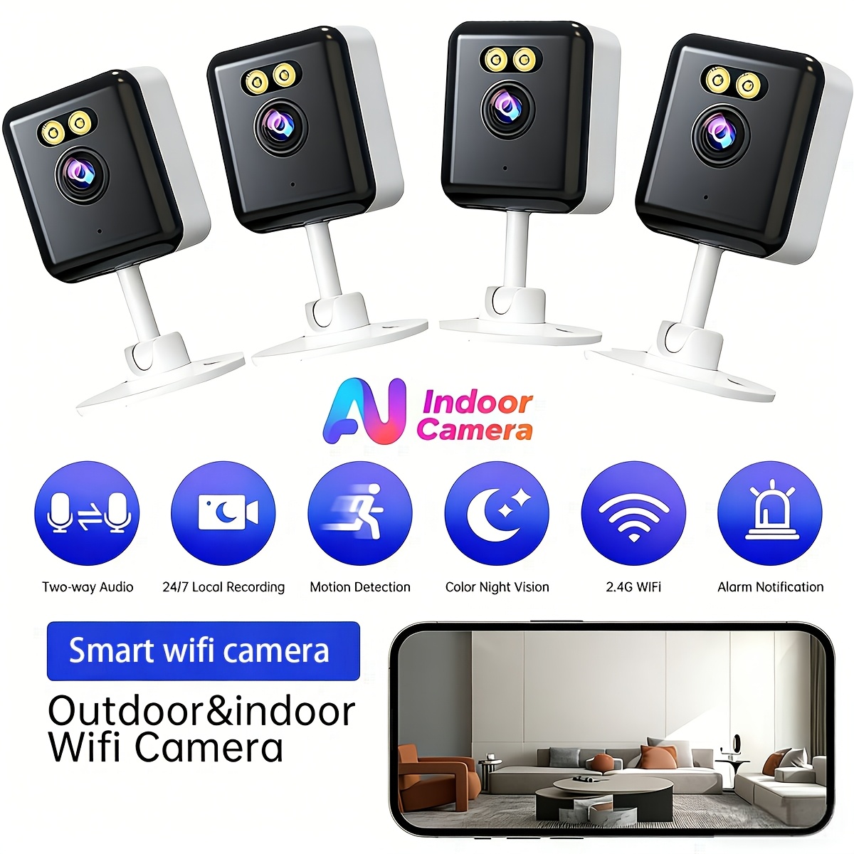 TEMU 2pcs Smart Ai Mini Wireless Security Cameras, 2.4g Wifi Ai Cameras, Voice Call, Built-in Ap Hotspot, App Smart Ai Alarm, Usb Powered. Supports