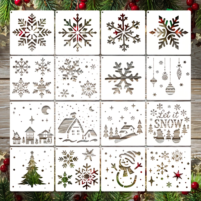 Image of 16 Winter Snowflake Pattern Stencils For Drawing, Home Decor Templates, Canvas, Door Frame Wood Board Decoration Templates, Wall, Furniture Paint Template Molds For Artistic Decoration Supplies