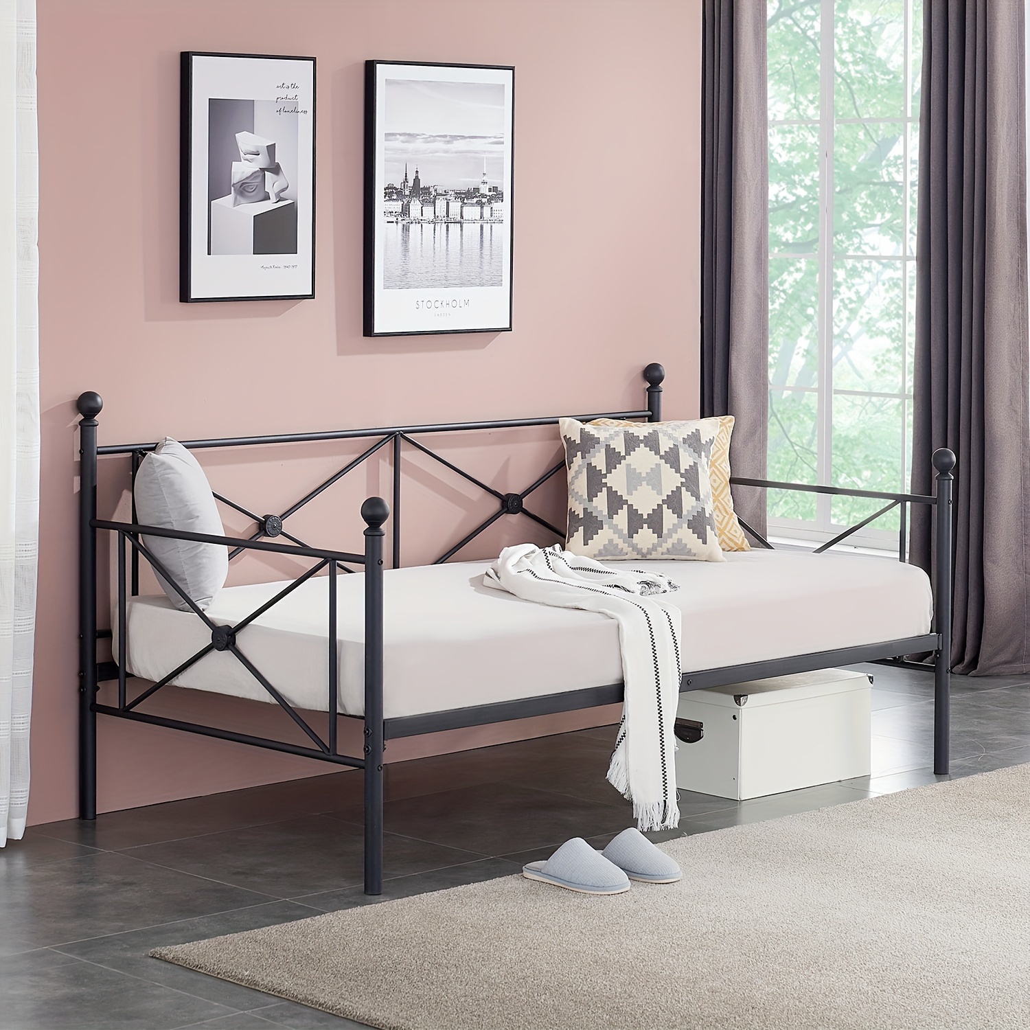 

Vecelo Twin Daybed With Headboard, Metal Bed Frame With Steel Slats, Multifunctional Mattress Foundation/no Box Spring Needed