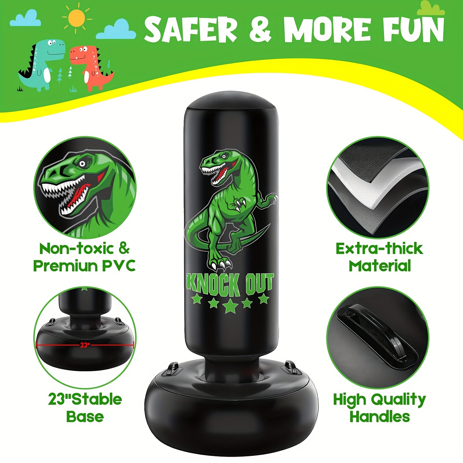 TEMU Larger Dinosaur Punching Bag For Kids, 66" Tall Sports Kids Teens Inflatable Punching Bag With Boxing Gloves, Gifts For Age 5-12 For Practicing Karate, Taekwondo, Mma