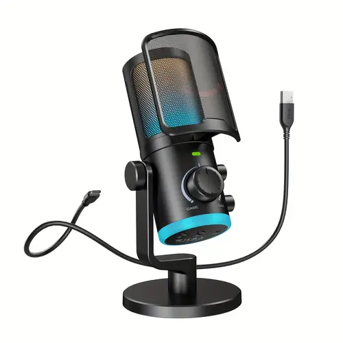 by gaming usb microphone with noise cancellation volume control sound bias adjustment 3 5mm headphone monitoring rgb lighting switch for pc suit for podcast twitch am6