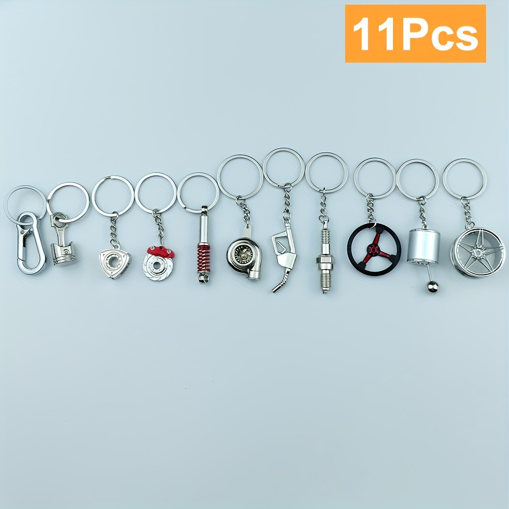 TEMU 11pcs Creative Car Piston, Turbo, Wheel , Gear Shift, Steering Wheel, Rotor, Brake Disc, Shock Absorber, Fuel Nozzle, Spark Plug, And Keychain