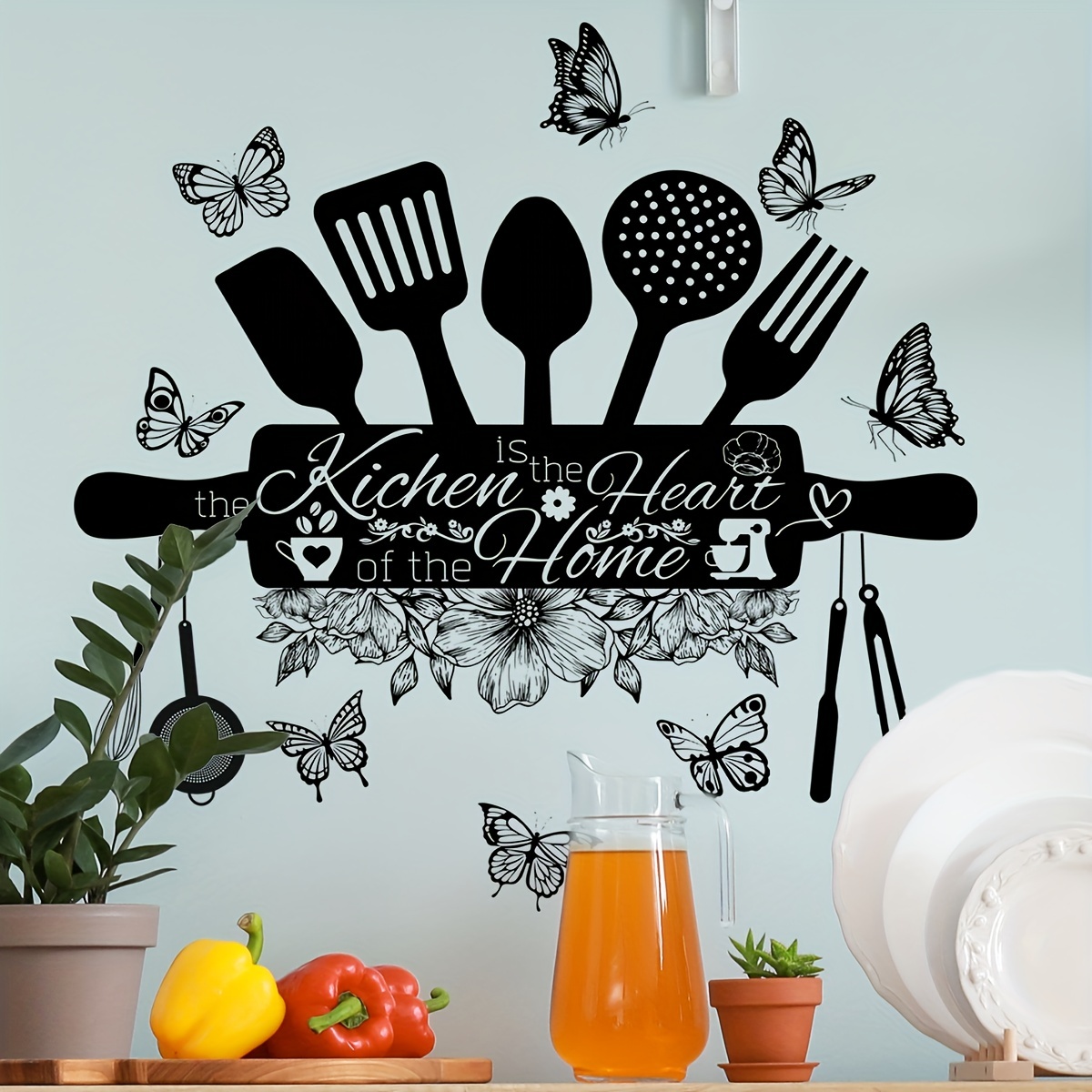

1pc Kitchen Utensils Wall Decal With Inspirational Quote, Plastic, Removable Self-adhesive Wall Sticker, Kitchen Decor, Black And White With Butterfly Accents